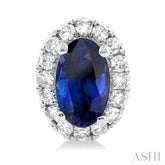 5x3 MM Oval Shape Sapphire and 1/8 Ctw Single Cut Diamond Halo Precious Stud Earrings in 14K White Gold